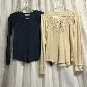 Lot of TWO Lucky Brand boho embroidered waffle tops - size XS